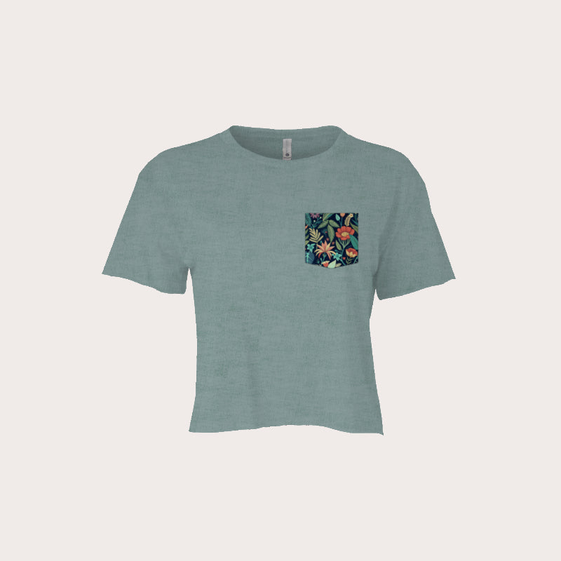 Womens Jungle Flowers Cali Crop Tee - Stonewash Green